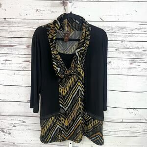 Multiples Cowl Neck Black Top with Gold Chevron Design XL